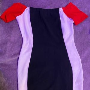 Front, front, tag, back— Small tight dress. Wraps around all the curves.